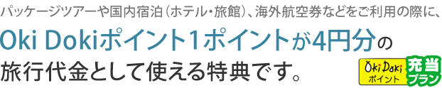 パッケージツアーや国内宿泊（ホテル・旅館）、海外航空券などをご利用の際に、Oki Dokiポイント1ポイントが4円分の旅行代金として使える特典です。