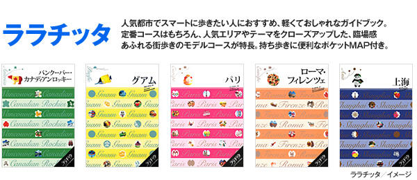 ララチッタ 人気都市でスマートに歩きたい人におすすめ、軽くておしゃれなガイドブック。定番コースはもちろん、人気エリアやテーマをクローズアップした、臨場感あふれる街歩きのモデルコースが特徴。持ち歩きに便利なポケットMAP付き。